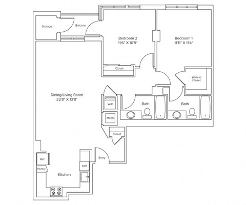 Floor plan for 2 beds, 2 baths, 1088 sqft